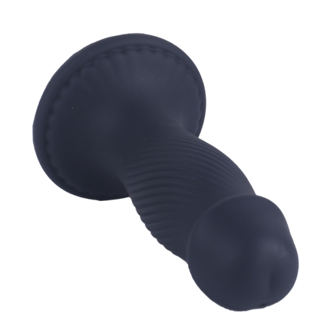 Korek analny, butt plug z główką penisa, z podłużnymi rowkami i przyssawką, rozmiar średni 11,4 cm, max Ø 3,7 cm, płynny silikon