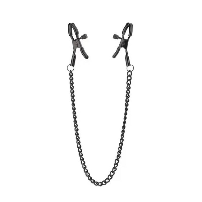Eleganckie metalowe płaskie klamerki na sutki połączone łańcuszkiem z regulowaną siłą zacisku DELUXE BDSM