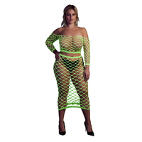 Fluorescencyjny, świecący, dwucześciowy kostium - krótki top z długim rękawem + długa sukienka, neonowa zieleń rozmiar XL/XXXXL