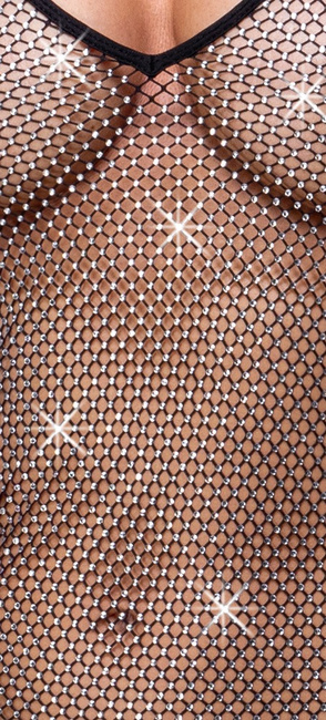 Efektowna sukienka z przezroczystej siateczki, zdobiona błyszczącymi kryształkami, z czarna lamówką