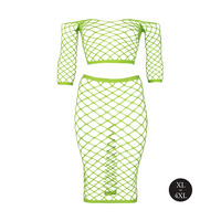 Fluorescencyjny, świecący, dwucześciowy kostium - krótki top z długim rękawem + długa sukienka, neonowa zieleń rozmiar XL/XXXXL
