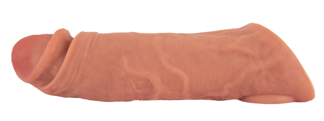 Nakładka na penisa wydłużająca o 6,5 cm, z pierścieniem na jądra, z wibracjami, sterowanie pilotem