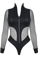 HERA eleganckie body ze srebrnym suwakiem z czarnej EkoSkóry BDSM 
