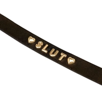 Obroża, naszyjnik, skórzana, z pozłacanym napisem "SLUT"  choker 