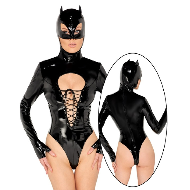 Body sznurowane z maską z uszami Black Level - Vinyl Body & Mask S