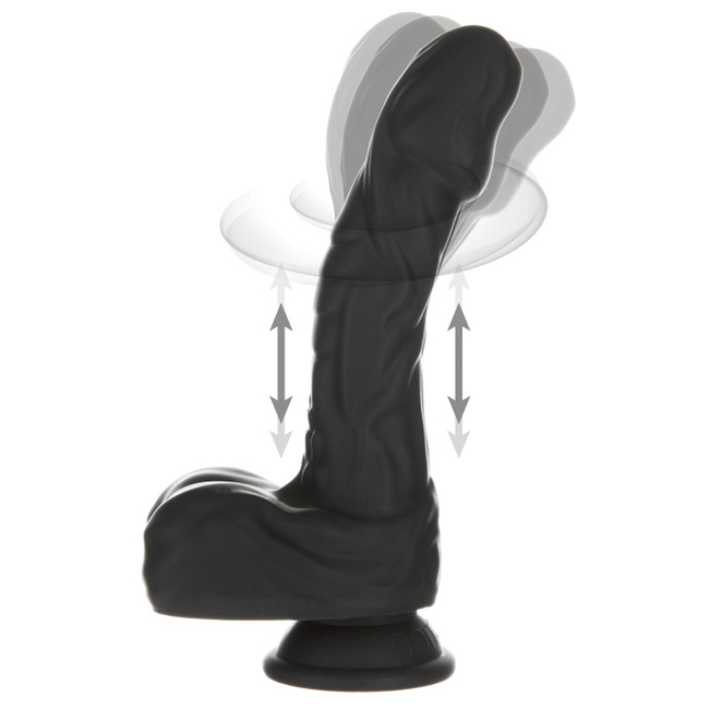 Realistyczne dildo wibrator z ruchem posuwistym i rotująca główką, dwuwarstwowe, Platinum Cured Silicon, kolor czarny, 22,8 cm / 15,6 cm wkładane