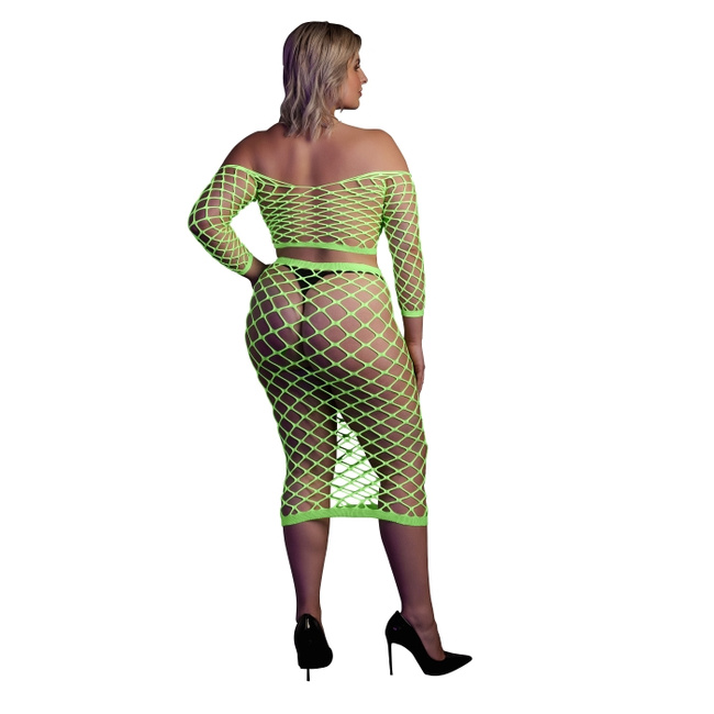 Fluorescencyjny, świecący, dwucześciowy kostium - krótki top z długim rękawem + długa sukienka, neonowa zieleń rozmiar XL/XXXXL