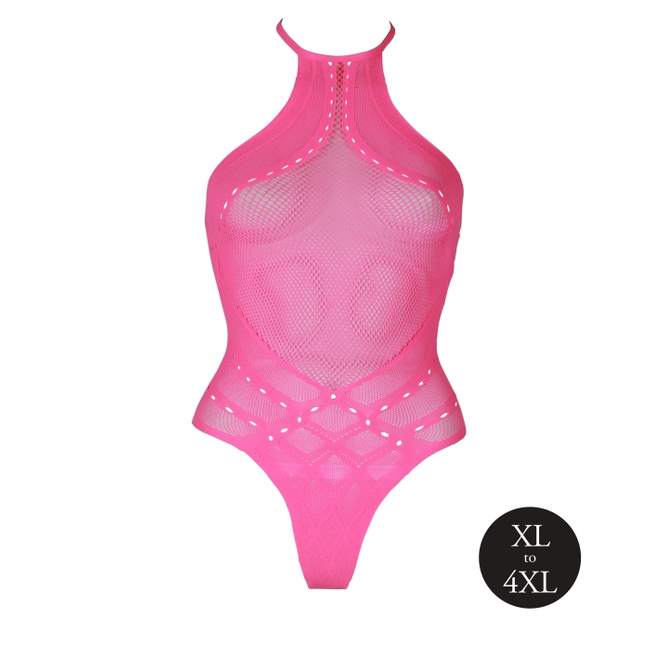 Fluorescencyjne, świecące w ciemnosci body z dekoltem typu halter, neonowy róż rozmiar XL/XXXXL