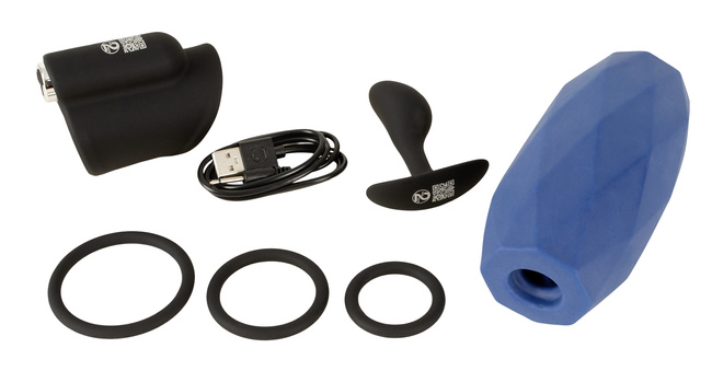 Męski zestaw - wibrujący masturbator, masturbator manualny, masażer prostaty i trzy pierścienie erekcyjne
