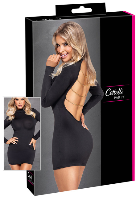 Sexy mała czarna – seksowna sukienka mini z odkrytymi plecami, ozdobiona łańcuszkami w kolorze złotym