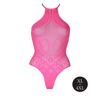 Fluorescencyjne, świecące w ciemnosci body z dekoltem typu halter, neonowy róż rozmiar XL/XXXXL