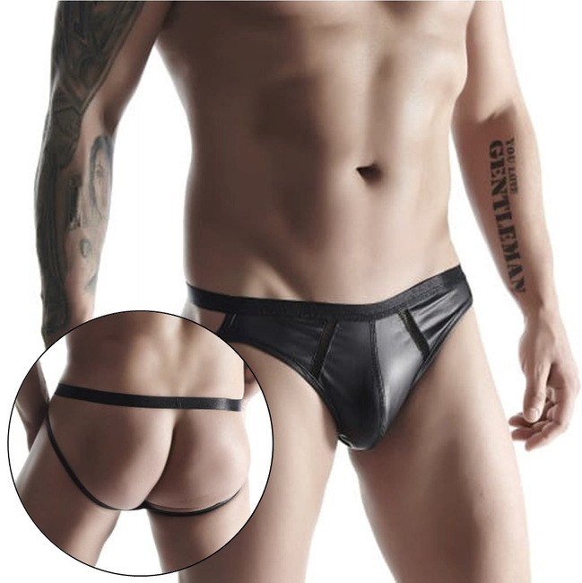 Czarne męskie stringi jock strap z efektem pusz-up powiększającym penisa