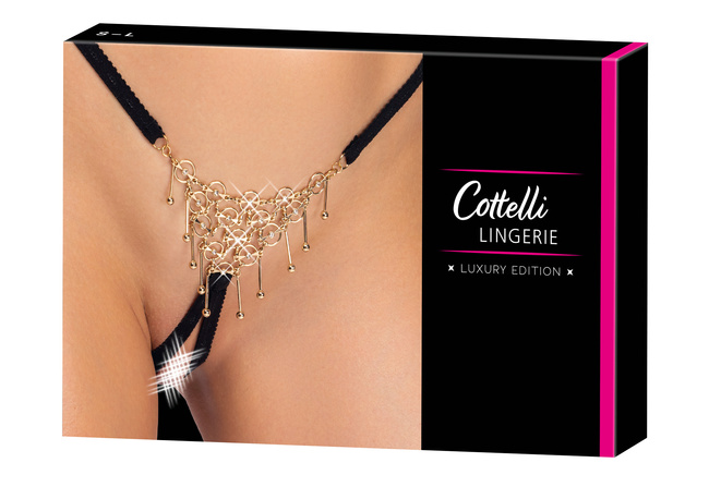 Jubilerskie open stringi ouvert, zdobione pierścieniami i wisiorkami w kolorze złotym, rozmiar S-L