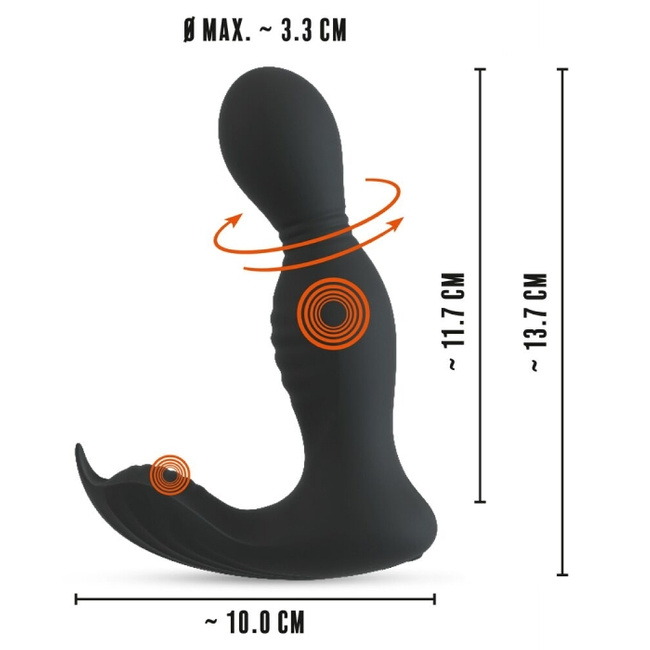 Masażer prostaty, silnie wibrujący, z rotującą główką i stymulacją krocza, 2 silniki, silikon, 13,7 cm / 11,7 cm wkładane, sterowany pilotem, wodoodporny IPX7