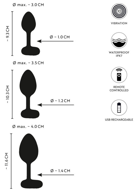 Zestaw trzech korków analnych Ø 3 cm, Ø 3,5 cm, Ø 4 cm.