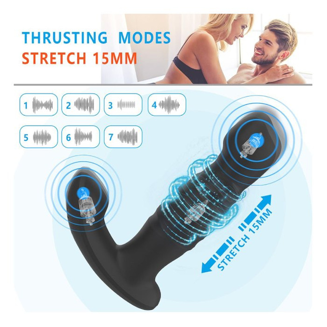 Tylne wejście silikonowy masażer prostaty z wibrującą główką, wibrującym stymulatorem krocza i ruchem posuwistym push, sterowany pilotem