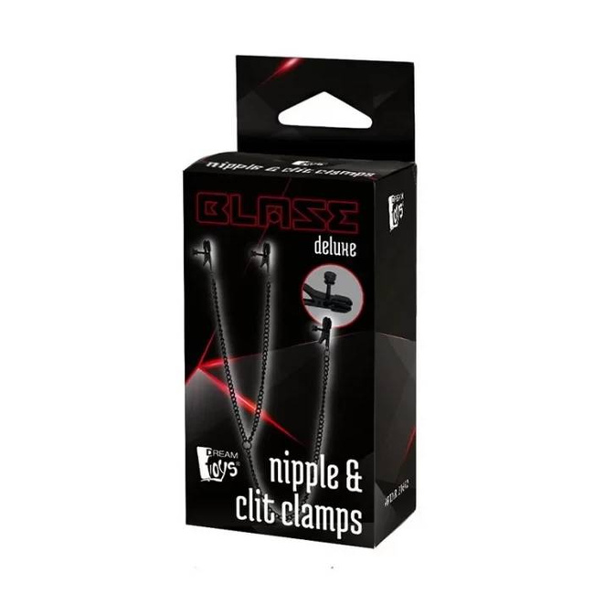 Eleganckie metalowe płaskie klamerki na sutki i łechtaczkę połączone łańcuszkiem z regulowaną siłą zacisku DELUXE BDSM