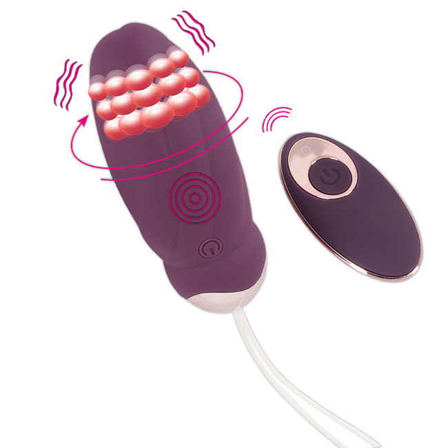 Purpurowe jajeczko z wibracjami i potrójnym wirującym pierścieniem koralików, dł. 9 cm, Ø 3,4 cm