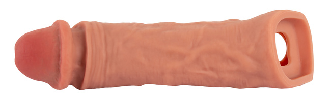 Nakładka na penisa wydłużająca o 6,5 cm, z pierścieniem na jądra, z wibracjami, sterowanie pilotem