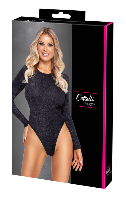 Czarne, delikatnie błyszczące srebrną nitka body z długim rękawem i wycięciami typu Rio na pośladkach