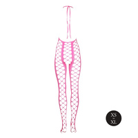 Fluorescencyjny, świecący w ciemnosci siateczkowy kostium z dekoltem typu halter, neonowy róż rozmiar XS/XL