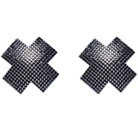 Nakładki naklejki na sutki. W kształcie srebrzystych krzyży pokrytych czarnymi kryształkami, 2 sztuki