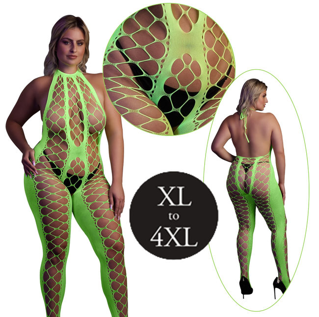 Fluorescencyjny, świecący w ciemnosci siateczkowy kostium z dekoltem typu halter, neonowa zieleń rozmiar XL/XXXXL