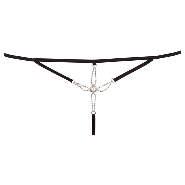 Stringi z pasków, z perłową ozdobą, otwarty krok, intymna biżuteria.