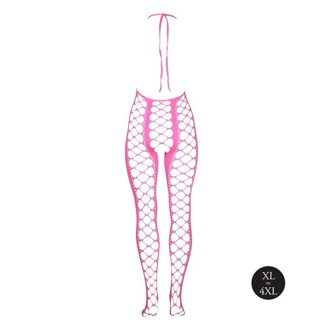 Fluorescencyjny, świecący w ciemnosci siateczkowy kostium z dekoltem typu halter, neonowy róż rozmiar XL/XXXXL