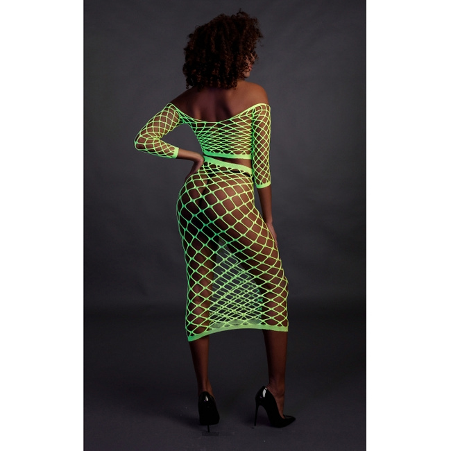 Fluorescencyjny, świecący, dwucześciowy kostium - krótki top z długim rękawem + długa sukienka, neonowa zieleń rozmiar XS/XL