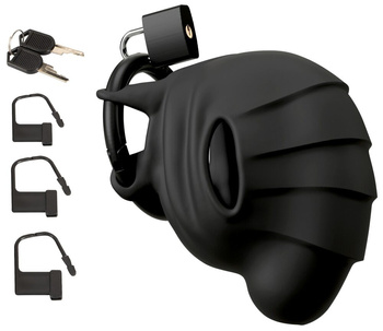 Klatka cnoty dla penisa i jąder Aksamitnie miękki silikon  Zamykana, zawiera zamki Lekka, elastyczna, wygodna Z otworem do oddawania moczu