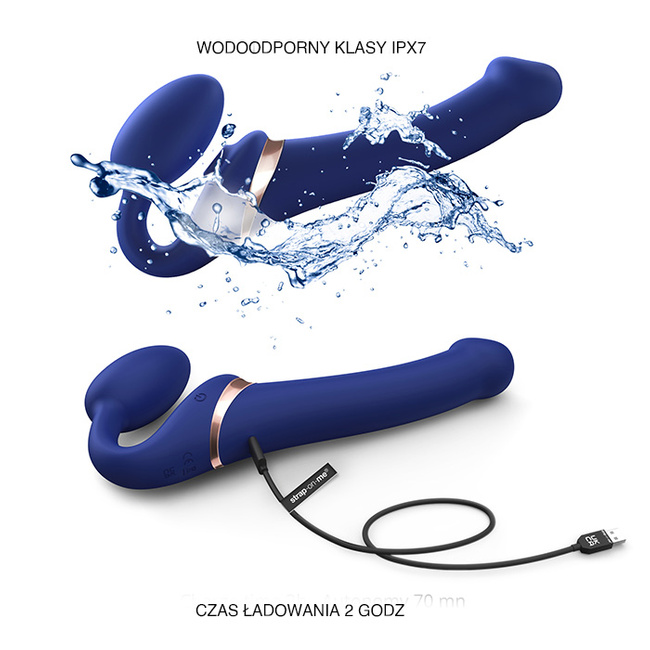 Francuski ekspert - multiorgazmowy, wibrujący, 3-silnikowy  strapon bez pasków, z sonicznym stymulatorem łechtaczki, wibrujące jajeczko, na pilota, 14,7 cm, kolor nocny granat, HiTech, silikon