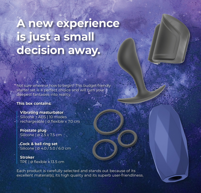 Męski zestaw - wibrujący masturbator, masturbator manualny, masażer prostaty i potrójny pierścień erekcyjny