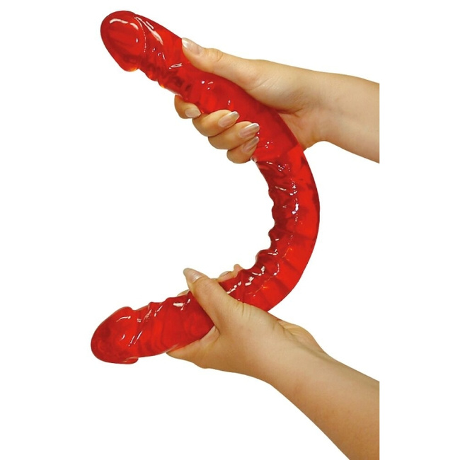 Dwustronne czerwone dildo rozmiar XXXL, elastyczne - podwójna penetracja, żel TPE, długość 43 cm, Ø 4 cm