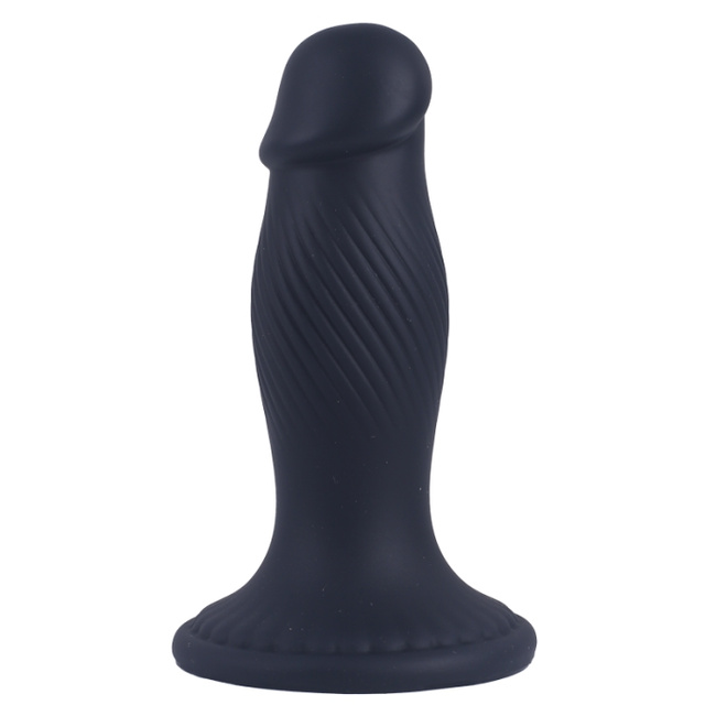Korek analny, butt plug z główką penisa, z podłużnymi rowkami i przyssawką, rozmiar średni 11,4 cm, max Ø 3,7 cm, płynny silikon