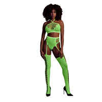 Fluorescencyjny, świecący dwuczęściowy kostium krótki top + pas z pończochami, neonowa zieleń rozmiar XS/XL