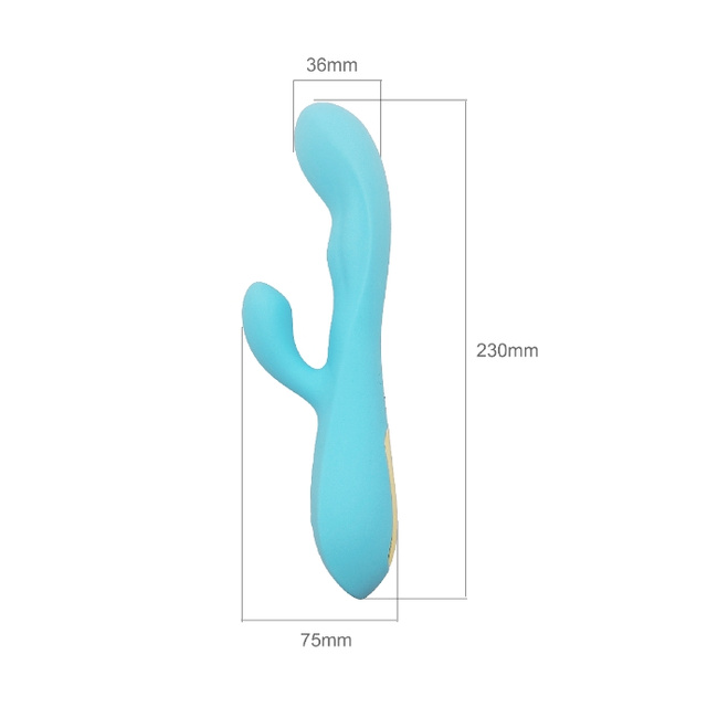 Dwusilnikowy ciepły pieszczoch wibrator z królikiem i funkcją lekkiego grzania, błękit cyjanowy, 23 cm / 12,5 wkładane