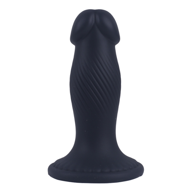 Korek analny, butt plug z główką penisa, z podłużnymi rowkami i przyssawką, rozmiar średni 11,4 cm, max Ø 3,7 cm, płynny silikon