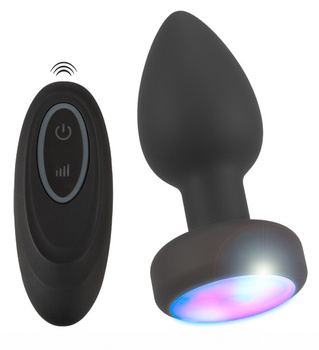 Wibrujący korek analny ze świecącym kryształkiem w nasadzie, 9 cm, sterowany pilotem, IPX7