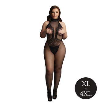 Siateczkowy kostium bodystocking z siatki i koronki z dekoltem typu halter, kolor czarny, rozmiar XL/4XL