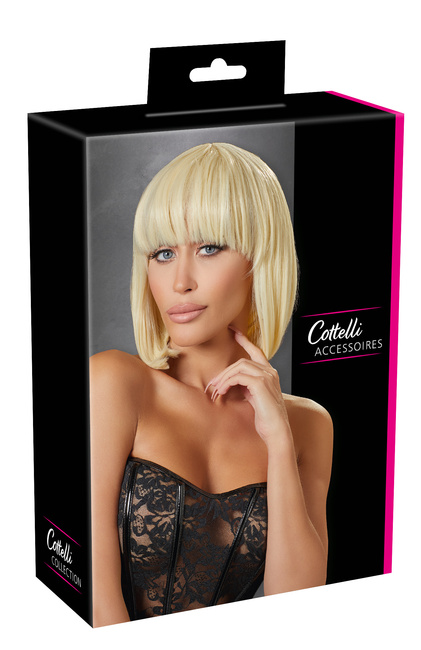 Blond wamp – średnia peruka z fryzurą w stylu bob z klasyczną grzywką, dł. 30 cm, poliester, kolor jasny blond