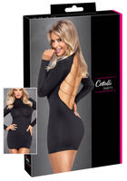 Sexy mała czarna – seksowna sukienka mini z odkrytymi plecami, ozdobiona łańcuszkami w kolorze złotym