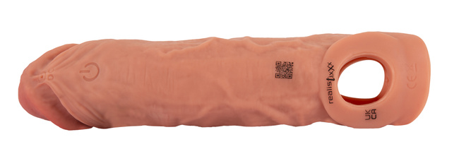 Nakładka na penisa wydłużająca o 6,5 cm, z pierścieniem na jądra, z wibracjami, sterowanie pilotem