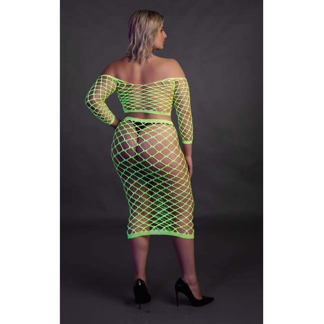 Fluorescencyjny, świecący, dwucześciowy kostium - krótki top z długim rękawem + długa sukienka, neonowa zieleń rozmiar XL/XXXXL