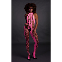 Fluorescencyjny, świecący w ciemnosci siateczkowy kostium z dekoltem typu halter, neonowy róż rozmiar XS/XL