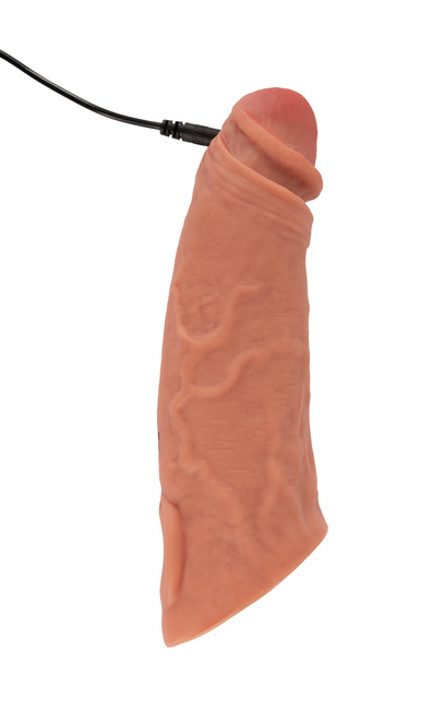 Nakładka na penisa wydłużająca o 6,5 cm, z pierścieniem na jądra, z wibracjami, sterowanie pilotem