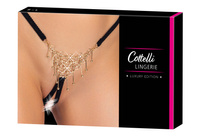 Jubilerskie open stringi ouvert, zdobione pierścieniami i wisiorkami w kolorze złotym, rozmiar S-L