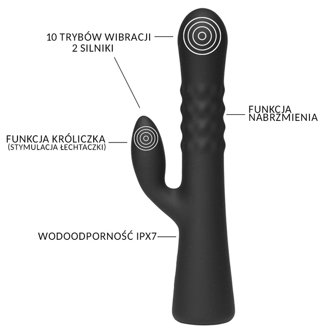 Czarny wibrator z króliczkiem z funkcją nabrzmiewania 23 cm wodoodporny IPX7 silikon