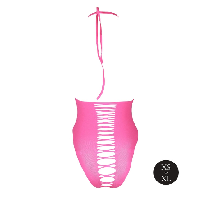 Fluorescencyjne, świecące body z wysokim wycięciem, neonowy róż rozmiar XS/XL