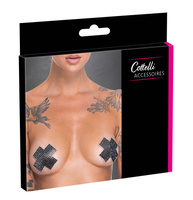 Nakładki naklejki na sutki. W kształcie srebrzystych krzyży pokrytych czarnymi kryształkami, 2 sztuki